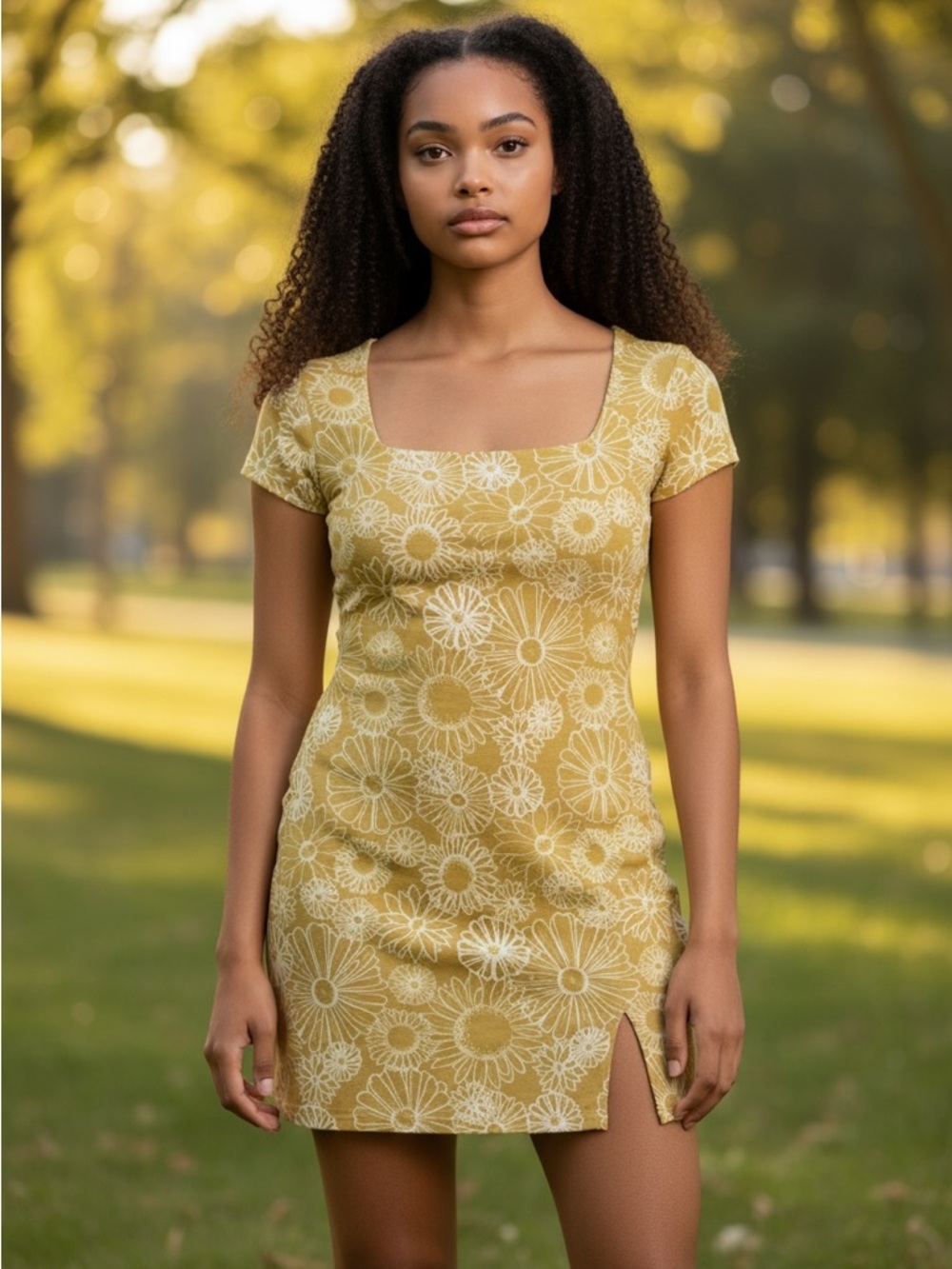SO Square-Neck Daisy Mini Dress in Mustard Yellow